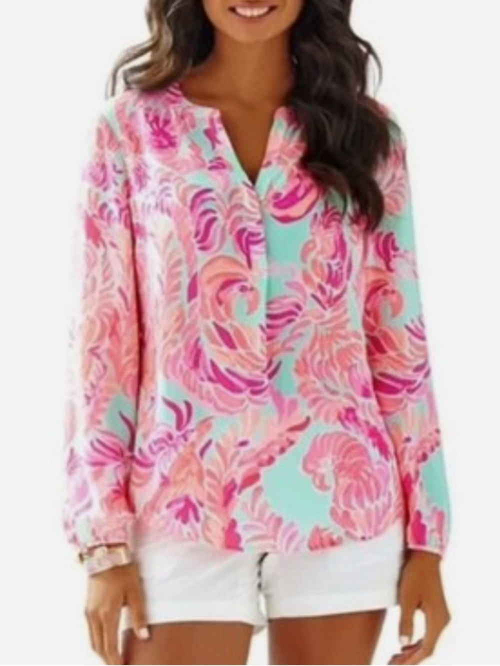 Lilly Pulitzer Stacey Blouse in Lovebirds poolside blue buttoned parrot silky m